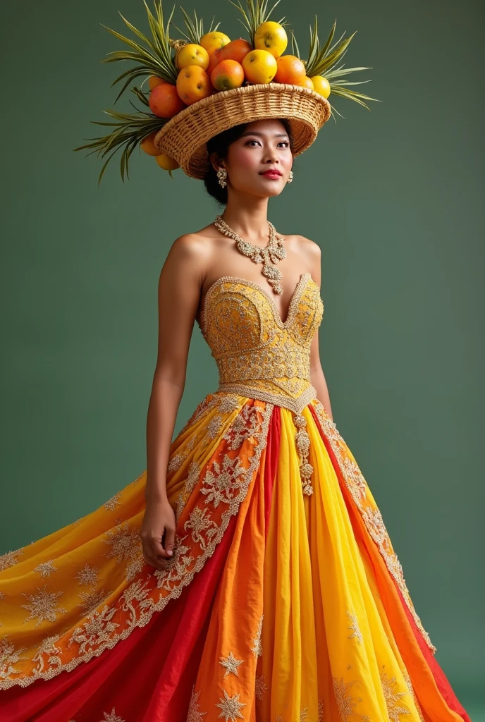 create a Filipina gown inspired of lanzones festival and a headress with a basket of lanzones too