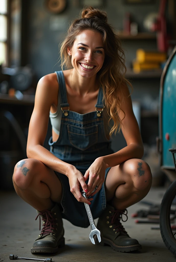 beautiful white smiling, holding a screwdriver between his legs (squatting on mechanic's stool object) between her legs squatting with her legs open, her skirt lifted , A woman wearing a crop top in a mechanic's workshop holding tools, fixing a machine , work boots , overalls skirt, wrench holding it with both hands ,many stained with grease on the legs well defined hands