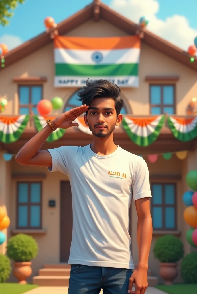 A real 20 year old boy , wearing a white "Umair" T-shirt stands in front of a house decorated with Indian flags and tricolor balloons, saluting for an upcoming Independence Day celebration. The house has a large banner that reads "HAPPY INDEPENDENCE DAY 2024 and make sure text should be correct.
