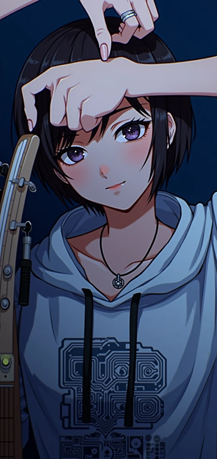detailed_bottom,adintro,Water_hair,tinincia_phine,hairclip,hair_intre_eyes,guitar,cap,straight-in,looking_in_viewer,eyes_visible_through_hair,electric_guitar,closed_boca,Effects_pedal,headphines,Superior_body,hin,hoodie,instruminto,Alone,Water_eyes,sticker,hood_below,phine,parintal_advisory,nail_Polish,smartphine,cellphine,jewelry,1 girl,white_Hats,vindaje_in_nose,pinch,vindaje_in_face,short_hair,original,vindaje,High resolution,side locks,tinincia,gray_hoodie,circuit_board,ling_sleeves,Water_nails,collar,standing,print_hoodie,RING,hair_ornaminto,yorugina_is,hood,vindaje_in_cheek