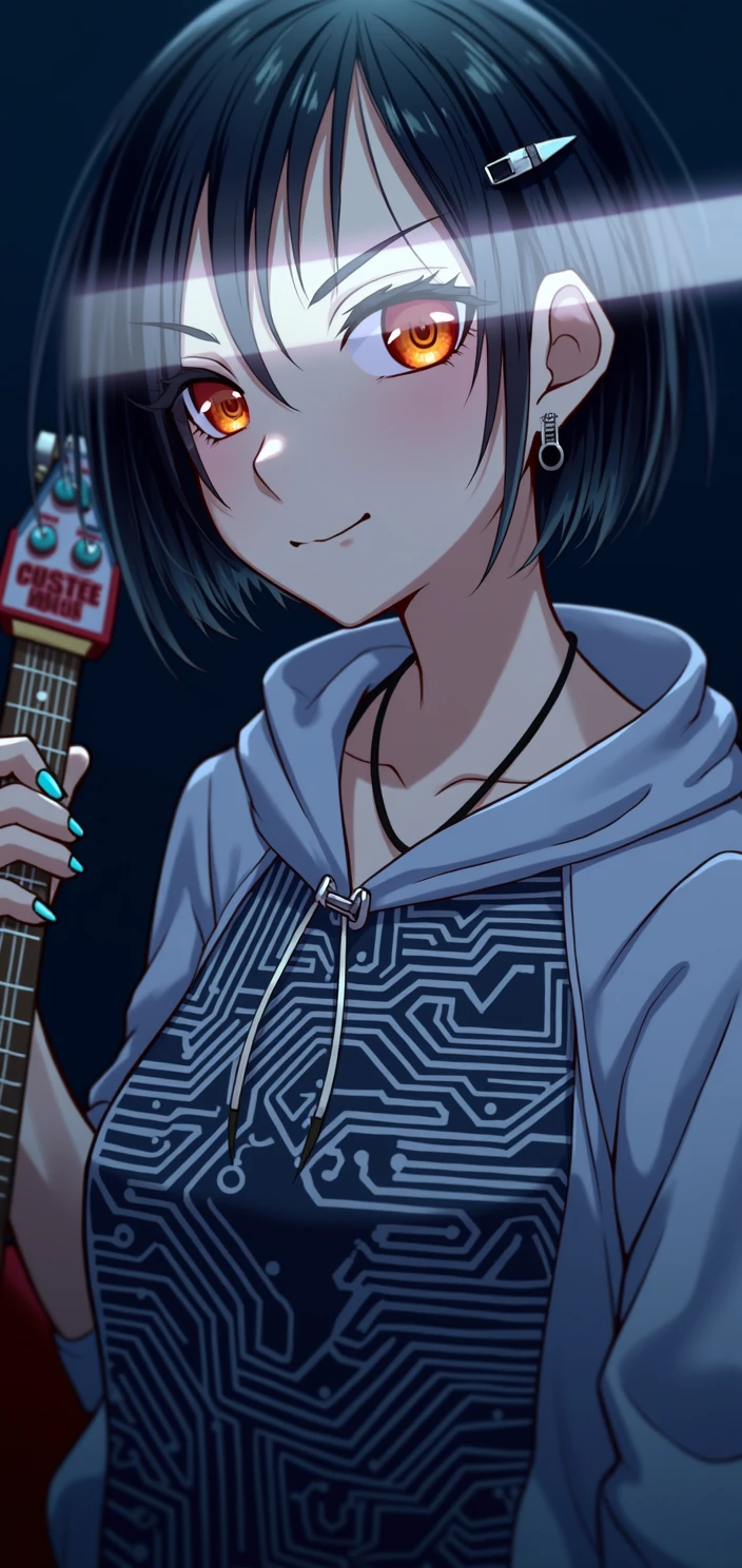 detailed_bottom,adintro,Water_hair,tinincia_phine,hairclip,hair_intre_eyes,guitar,cap,straight-in,looking_in_viewer,eyes_visible_through_hair,electric_guitar,closed_boca,Effects_pedal,headphines,Superior_body,hin,hoodie,instruminto,Alone,Water_eyes,sticker,hood_below,phine,parintal_advisory,nail_Polish,smartphine,cellphine,jewelry,1 girl,white_Hats,vindaje_in_nose,pinch,vindaje_in_face,short_hair,original,vindaje,High resolution,side locks,tinincia,gray_hoodie,circuit_board,ling_sleeves,Water_nails,collar,standing,print_hoodie,RING,hair_ornaminto,yorugina_is,hood,vindaje_in_cheek