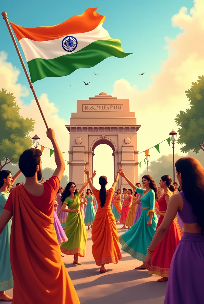 "Design a vibrant Independence Day scene for India's 78th celebration. Capture a festive atmosphere with a backdrop of iconic Indian landmarks like India Gate or the Red Fort. The Indian national flag should be prominently displayed, and the scene should include diverse groups of people engaging in traditional dances such as Bharatanatyam or Bhangra, adorned in colorful attire. Incorporate elements like the Ashoka Chakra, patriotic bunting, and subtle nods to historical figures like Mahatma Gandhi. The overall mood should convey joy, unity, and national pride."