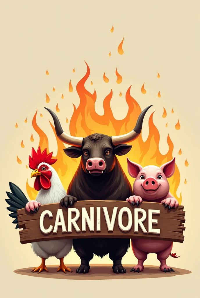  Wooden sign logo with the word in 3D: CARNIVORE, burning in fire, but held by a chicken, a bull and a pig, minimalism illustration.