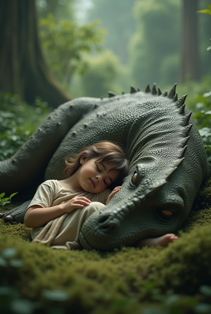 Human sleeping with a dinosaur