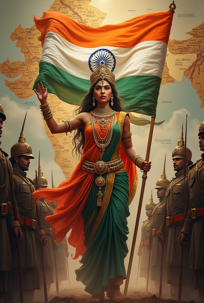 Indian goddess Bharat mata with indian flag in country map with their soldiers