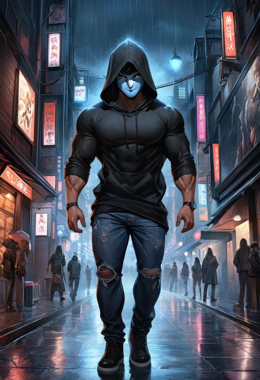Realistic Digital Painting with Concept Art Elements"," digital painting," "concept art," "realistic," "high detail", "muscular",, "high-res", "ominous aura,", "8k resolution", "oil painting", "darker tone" , "little saturation" ,"dark feeling", "concept art" , "detailed features" , "detailed eyes" "1man" , "wide smile" , "head tiled a little" , "dangerous" , "mask over lower face" , "black hoodie" , "ripped jeans" , "dangerous" , "stalker" , "tinder dare gone wrong" , "modern era" , "non-fiction" "entire body visible" , "blue eyes" , "Tokyo background" , "nighttime" , "raining" " drenched", "muscular" , "full body" ,