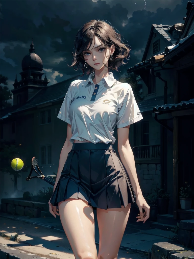 absurdres, RAW photo, extremely delicate and beautiful, masterpiece, Best Quality, ultra high resolution, 32k, hyper realistic, ultra-detailed, Very detailed CG 8k wallpaper, detailed background, landscape, Beautiful Lighting, Perfect Lightning, Realistic Shadows, perfect ???????, anatomically correct, ideal ratio body proportions, perfect figure, Perfect Style, Perfect balance, super Detailed skin, in her 30s, very Slim body, narrow waist, very small head, very small face, delicate facial features, handsome detailed woman, very detailed eyes and face, realistic face proportions, Realistic beautiful face, Realistic beautiful eyes, tearful mole, earring, very huge round tits, medium short hair, asymmetrical hair, wavy hair, outdoor, tennis uniform, polo shirt, tight mini skirt,