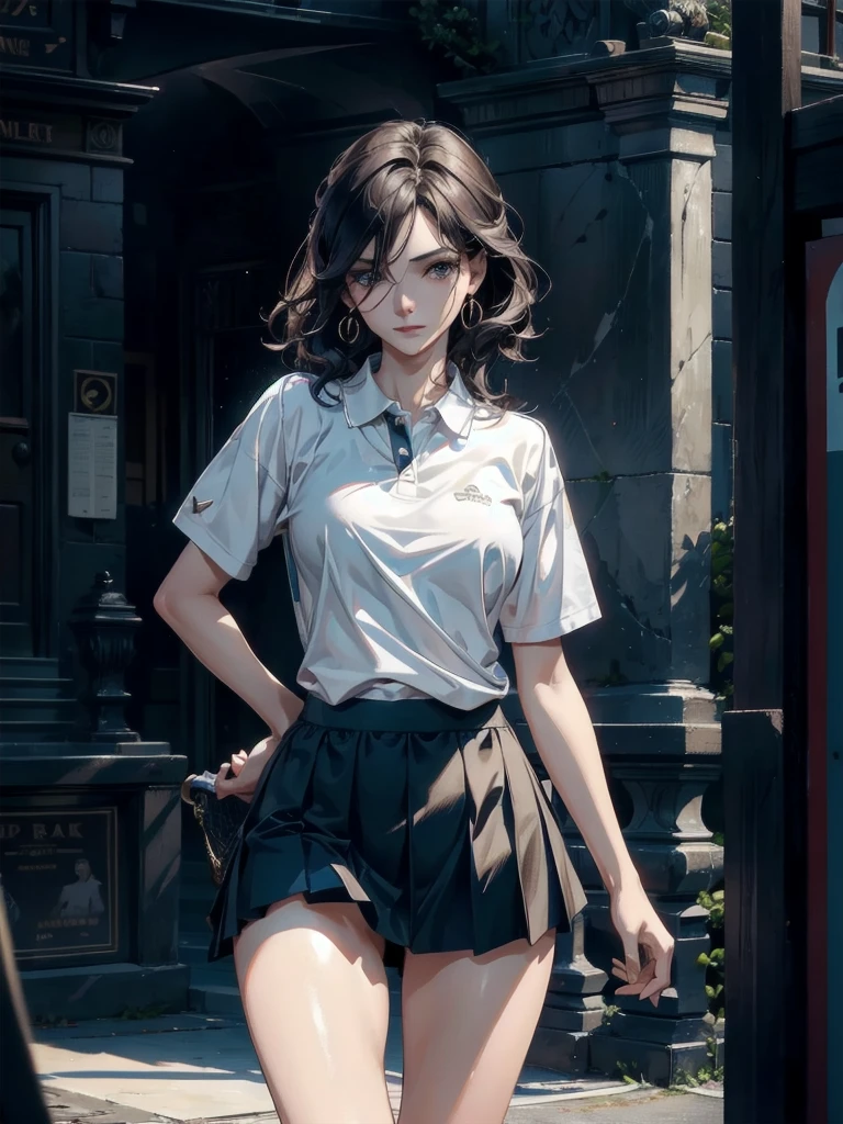 absurdres, RAW photo, extremely delicate and beautiful, masterpiece, Best Quality, ultra high resolution, 32k, hyper realistic, ultra-detailed, Very detailed CG 8k wallpaper, detailed background, landscape, Beautiful Lighting, Perfect Lightning, Realistic Shadows, perfect anatomy, anatomically correct, ideal ratio body proportions, perfect figure, Perfect Style, Perfect balance, super Detailed skin, in her 30s, very Slim body, narrow waist, very small head, very small face, delicate facial features, handsome detailed woman, very detailed eyes and face, realistic face proportions, Realistic beautiful face, Realistic beautiful eyes, tearful mole, earring, very huge round tits, medium short hair, asymmetrical hair, wavy hair, outdoor, tennis uniform, polo shirt, tight mini skirt,