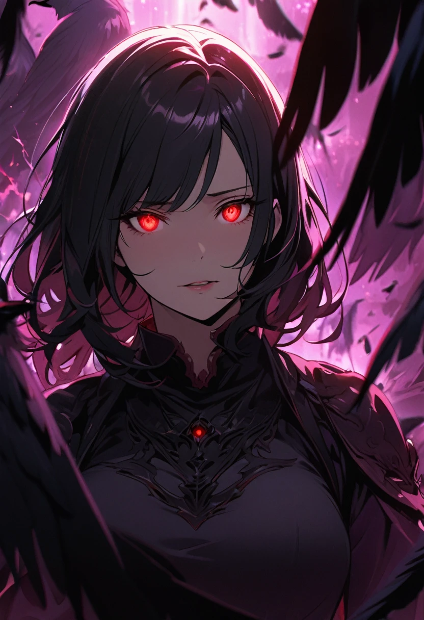 girl, mature, beautiful color, high detail, black hair, red eyes, glowing eyes, dark aura, adult, crows, macro picture