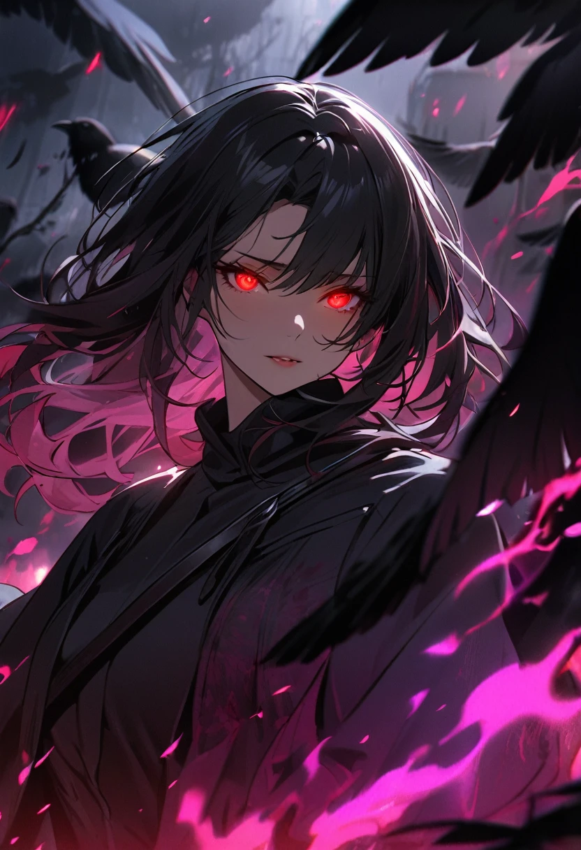 girl, mature, beautiful color, high detail, black hair, red eyes, glowing eyes, dark aura, adult, crows, macro picture