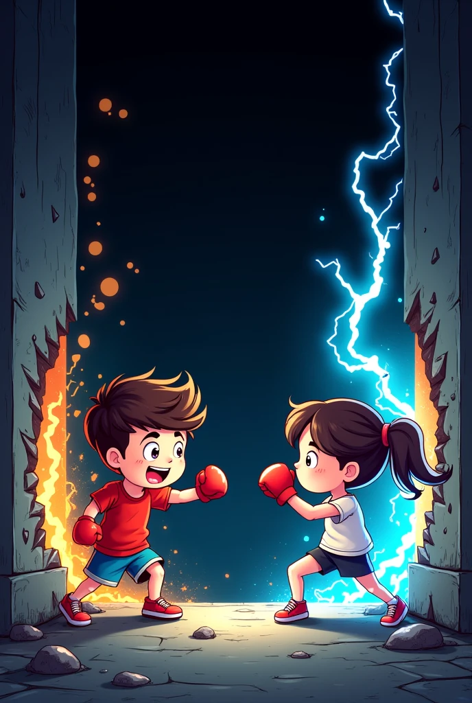 Cartoon of cute Young boy breaking the wall in left direction, while cute girl on right side throwing a powerful punch to a punching bag breaking the right wall with it in right direction, they both get electricity falling on them from above the word "Action bar" which also look good while background of whole image is black and electricity color is blue and white
