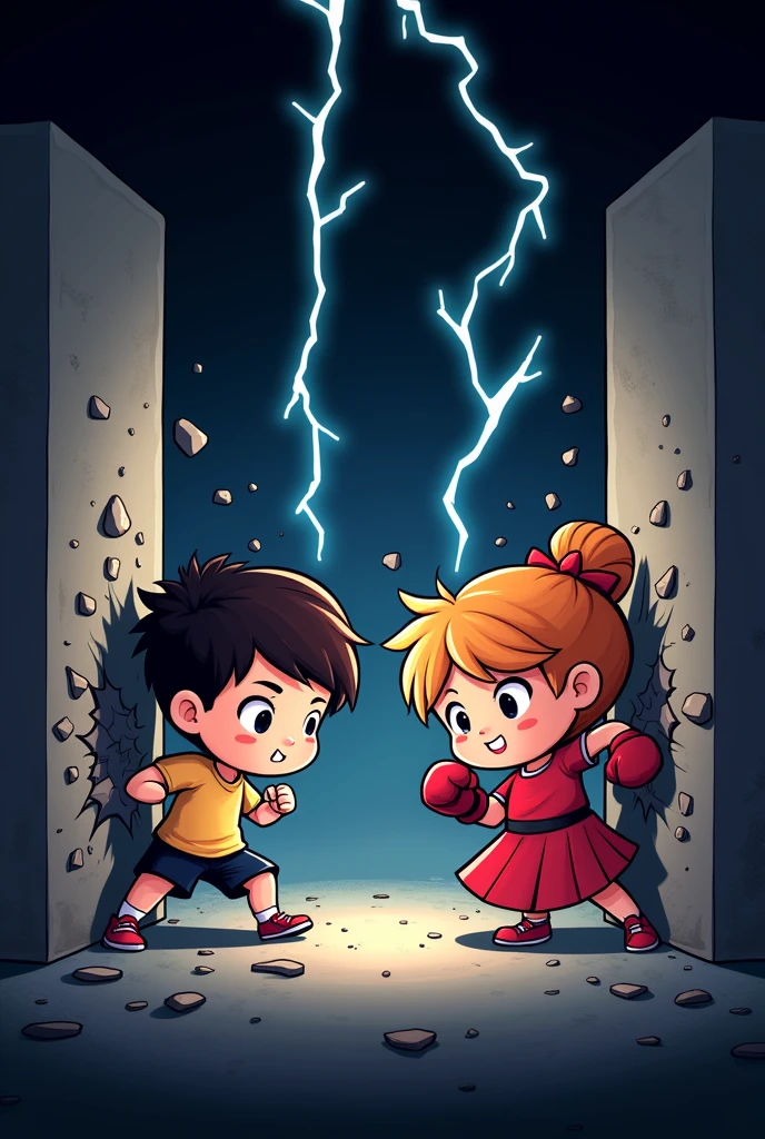 Cartoon of cute Young boy breaking the wall in left direction, while cute girl  on right side throwing a powerful punch to a punching bag breaking the right wall with it in right direction, they both get electricity falling on them from above the word "Action bar" which also look good while background of whole image is black and electricity color is blue and white