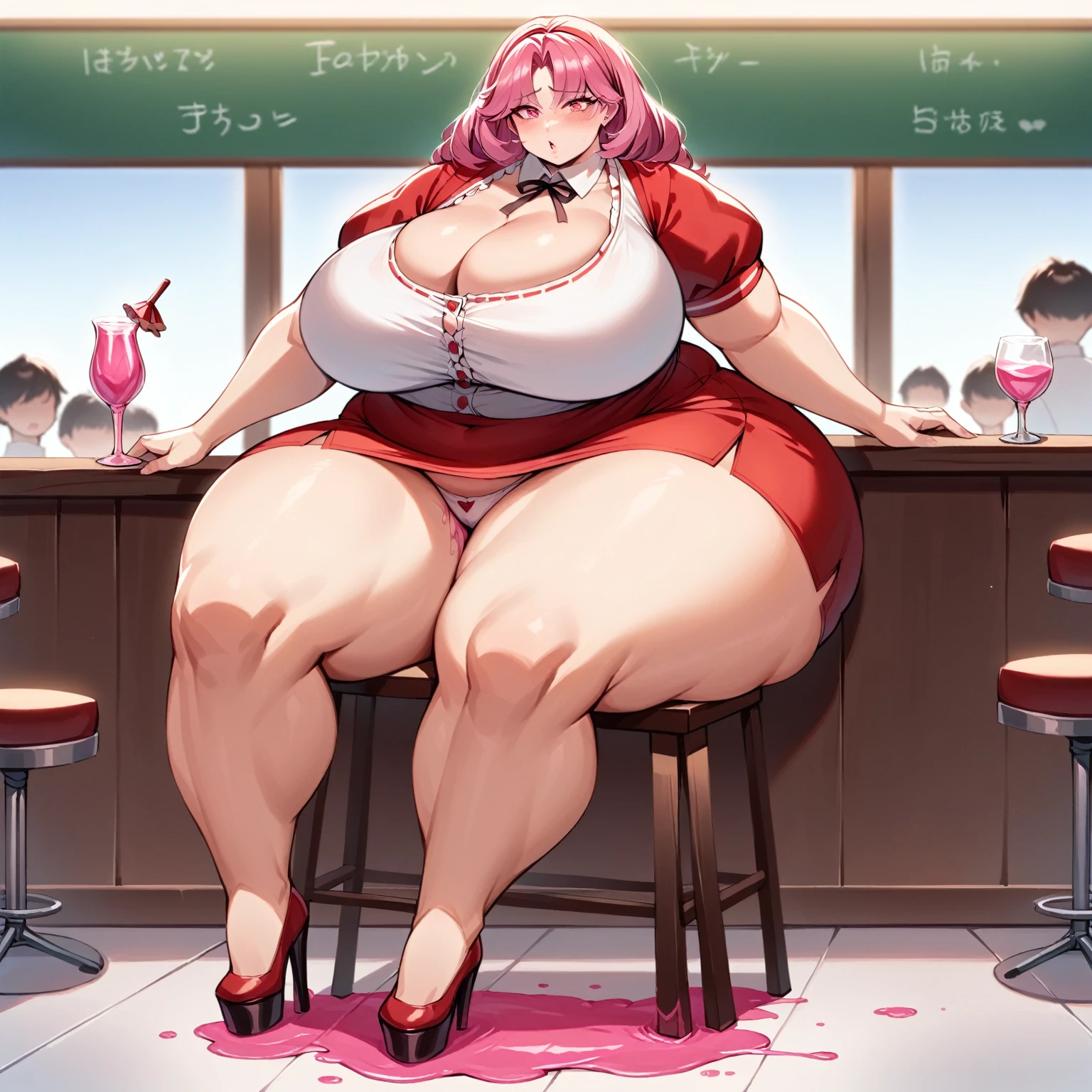 masterpiece, best quality, super detail, 4k, 1girl, (female ssbbw, red waitress outfit, very short red skirt:1.1), bbw, gigantic breasts, high heels, extremely wide hips:2.0, massive thighs:2.0, massive calves, hungry expression, aroused, (getting turned on, sitting down on stool, pink juices flowing from panties, pink juices pooling on floor, eyes open, panties clearly visible, facing me, eyes very well defined (high priority), pupils very well defined(High priority)),(Face close to viewpoint) , Image in anime style, add detail