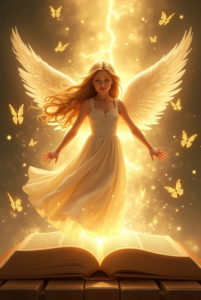 A disney girl living angel coming out from a Bible ... Her surroundings is lightning with golden butterflies... She spreads her hand towards the butterflies her golden hair flattering in air...