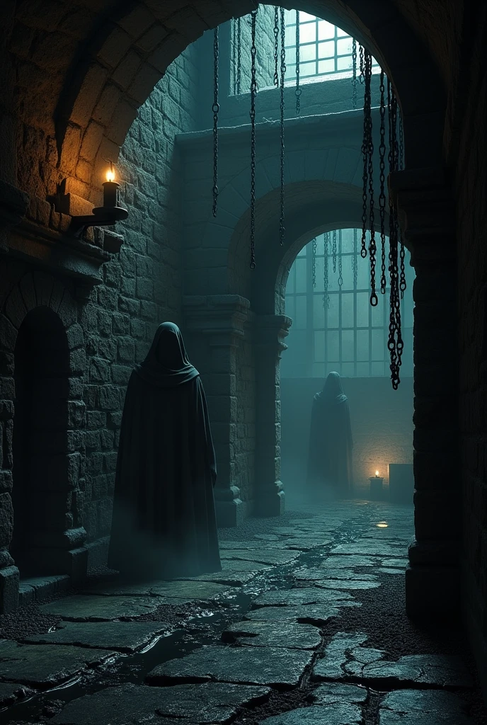 The dark and ominous dungeons of Edinburgh Castle, with heavy iron bars and chains hanging from the stone walls. The floor is damp, with puddles of water reflecting the faint light from a distant torch. Shadows dance across the walls, and a ghostly figure can be seen lurking in the corner, barely visible. The atmosphere is claustrophobic and filled with the despair of those who were once imprisoned here.”