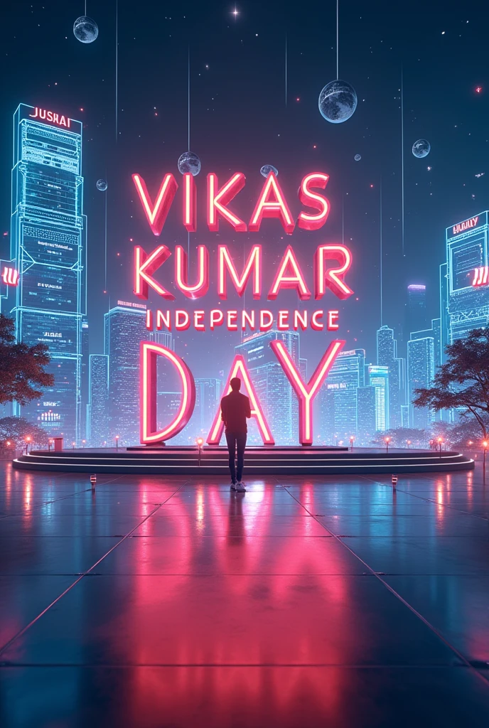 Make a photo of "the future academy wishes you happy independence day" showbmy names vikas kumar also