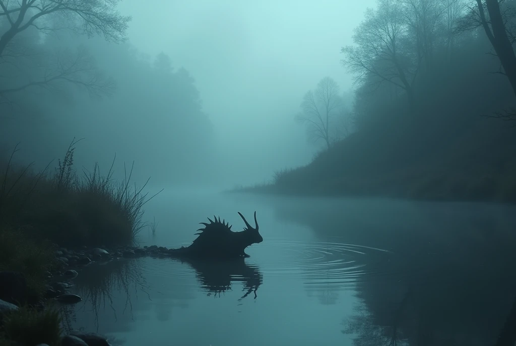 mysterious fog, a silhouette of a creature can be seen dipping in the river