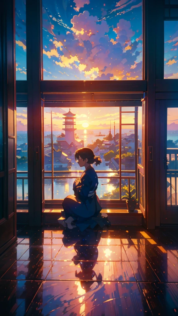 A woman sitting in front of a window watching an Anime Scene with a sea view, Atmospheric anime, Beautiful peaceful scene in anime, beautiful Anime Scenes, Anime Atmosphere, Korean Art Nouveau Animation, ???? anime screenshot, Anime movie screenshots, Conrad Rothe and Makoto Shinkai, Anime movie stills, Kyoto Animation Style, Anime Scene