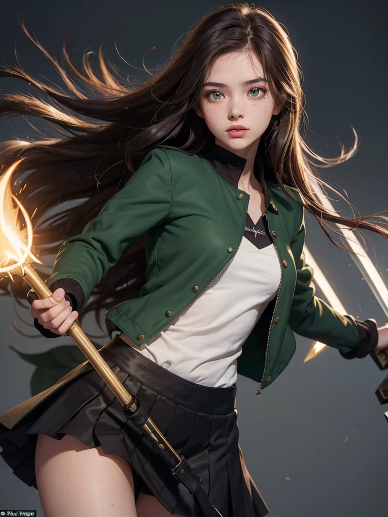 a 20 year old girl, with semi-long brown hair, bright emerald green eyes, with rosy lips, with a few freckles and dressed in a black uniform with a short, open skirt and a short, open jacket, wielding a scythe with cursed powers 