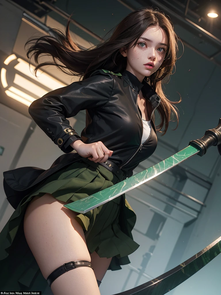 a 20 year old girl, with semi-long brown hair, bright emerald green eyes, with rosy lips, with a few freckles and dressed in a black uniform with a short, open skirt and a short, open jacket, wielding a scythe with cursed powers