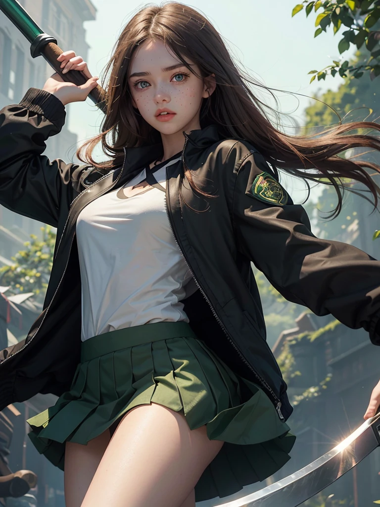 a 20 year old girl, with semi-long brown hair, bright emerald green eyes, with rosy lips, with a few freckles and dressed in a black uniform with a short, open skirt and a short, open jacket, wielding a scythe with cursed powers