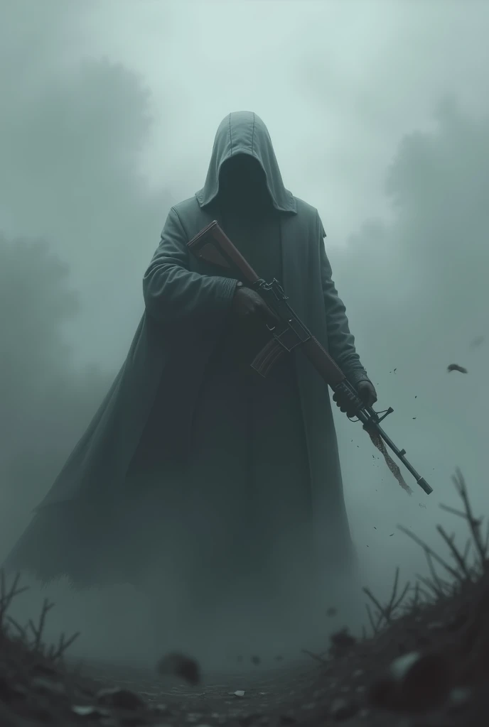 An armed person in a gray cloud