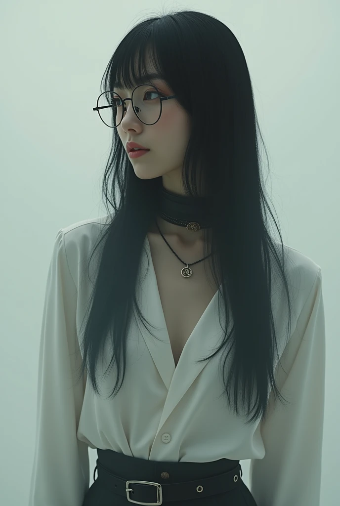 editorial photography,super detailed background,Super realistic,double exposure,depth of field,beauty super slender skinny vibes,soft focus gray tone,narrative scene,unclad body,open lips,very long straight black hairstyle,glasses,fine white skin,leather collar with thick belt and buckle,