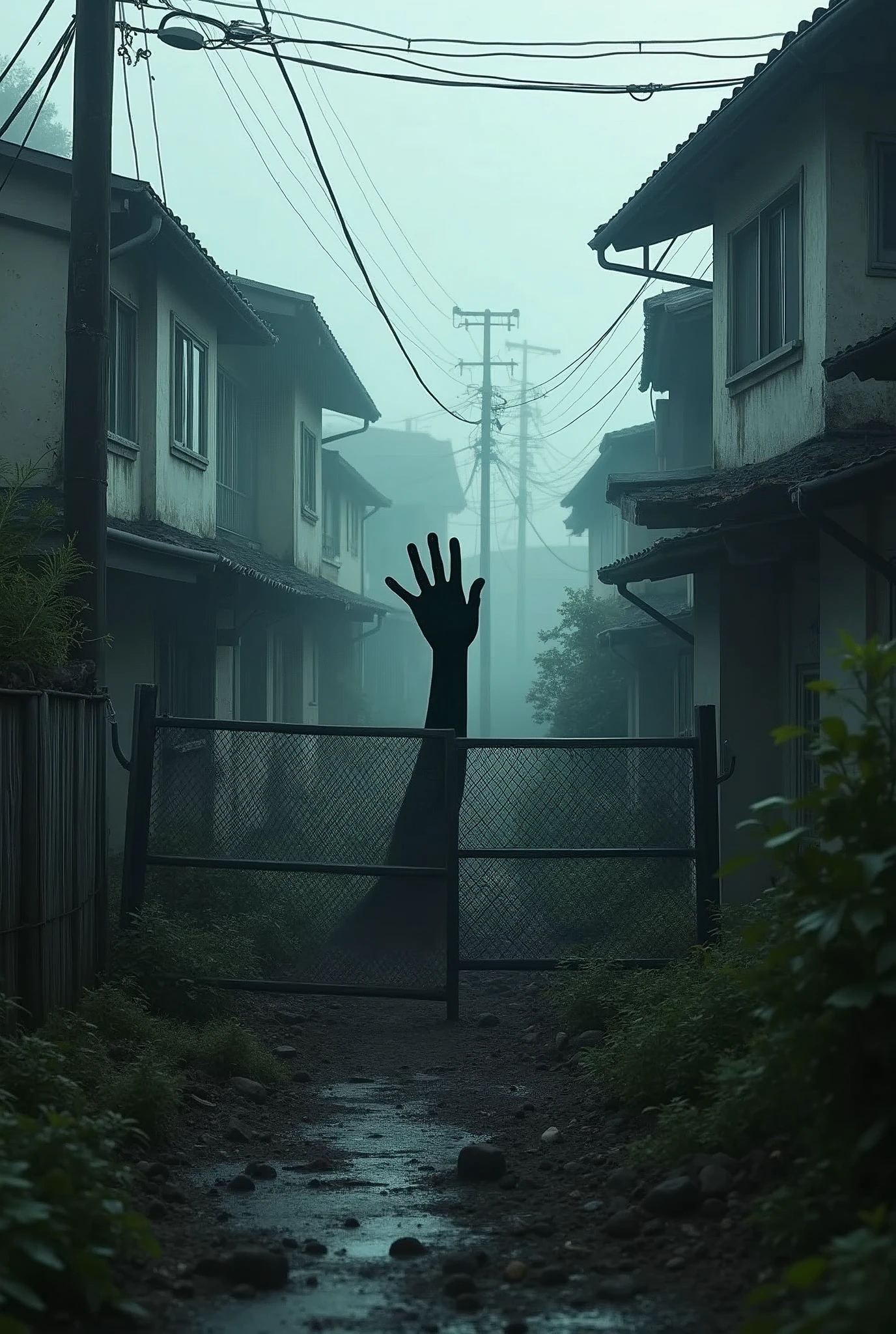 a dilapidated japanese residential neighborhood shrouded in morning mist, a partially broken construction fence revealing a sinister black hand reaching out, eerie supernatural horror atmosphere, moody lighting, cinematic composition, dark colors, gritty textures, (best quality,4k,8k,highres,masterpiece:1.2),ultra-detailed,(realistic,photorealistic,photo-realistic:1.37),dark moody lighting,dramatic shadows,horror,dark fantasy,cinematic,moody,gritty,atmospheric,creepy,unsettling