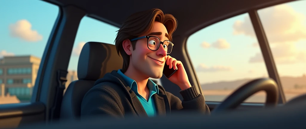 a male animated movie character in the Disney Pixar style, high qualiy, best quality , black fleece sweater blue shirt , Wear nerd glasses, , long hair , Happy young man , is talking on the smartphone, funny comedy scene , is inside his car, traveling on the road