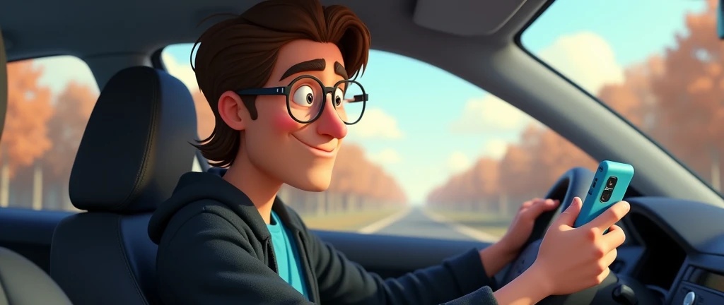 a male animated movie character in the Disney Pixar style, high qualiy, best quality , black fleece sweater blue shirt , Wear nerd glasses,  , long  hair , Happy young man  ,  is talking on the smartphone, funny comedy scene  , is inside his car,  traveling on the road 