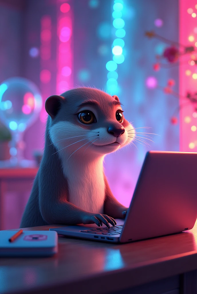 Profile picture with an otter programming on his laptop with RGB environment, cartoon, animated, funny