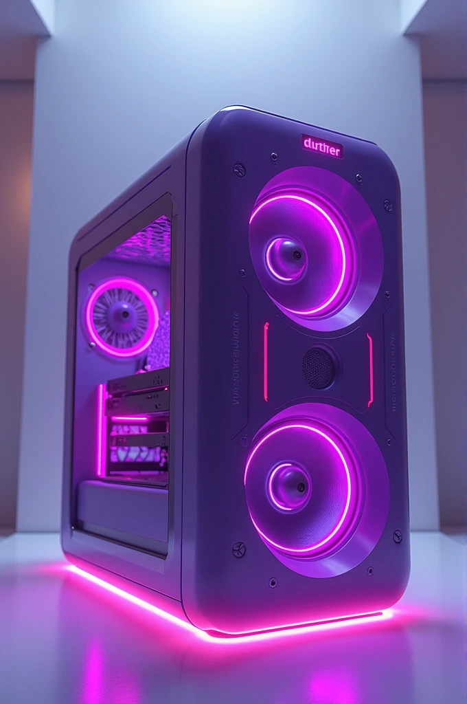 Purple computer of the future with lights with speakers included, that prints in the best resolution