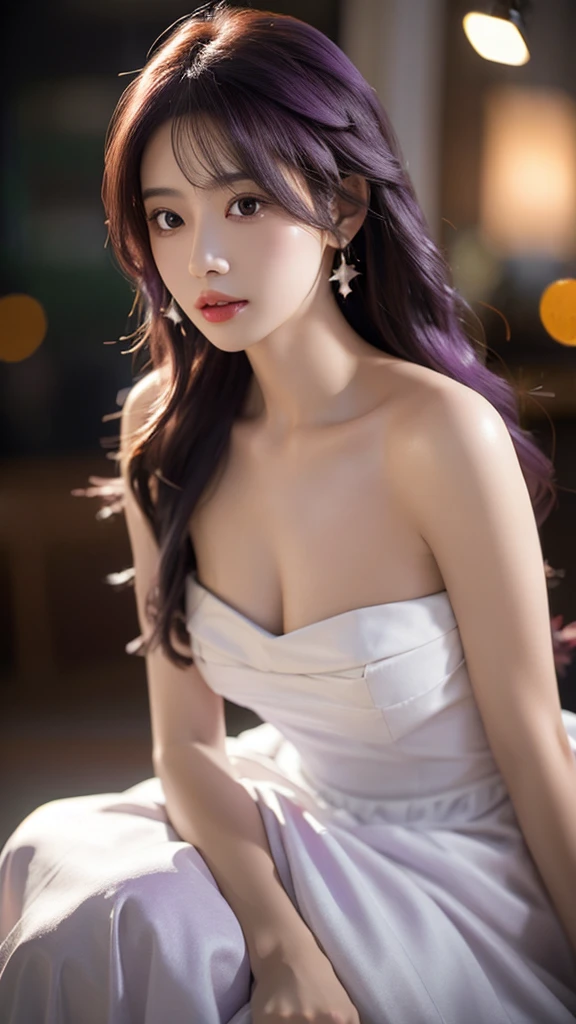 a beautiful woman with long wavy purple hair, detailed eyes with stars in them, strapless top, long flowing dress, exquisite detailed background, masterpiece, best quality, 4k, 8k, highres, ultra-detailed, realistic, photorealistic, photo-realistic, HDR, UHD, studio lighting, ultra-fine painting, sharp focus, physically-based rendering, extreme detail description, professional, vivid colors, bokeh, portraits