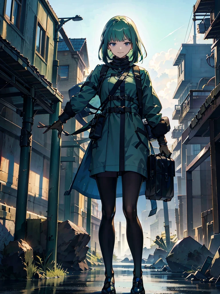 Empty City, A town above the clouds, Sky City,Black Eye,green hair,Green duffle coat, 