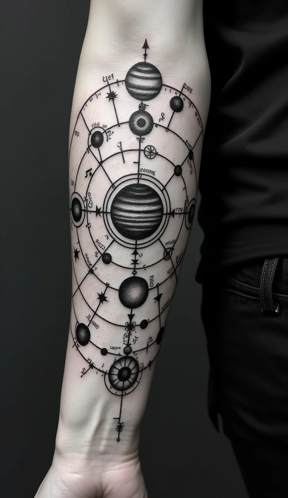 photo noir et blanc, Une carte mentale en noir et blanc des planètes tatouée sur l’avant-bras 