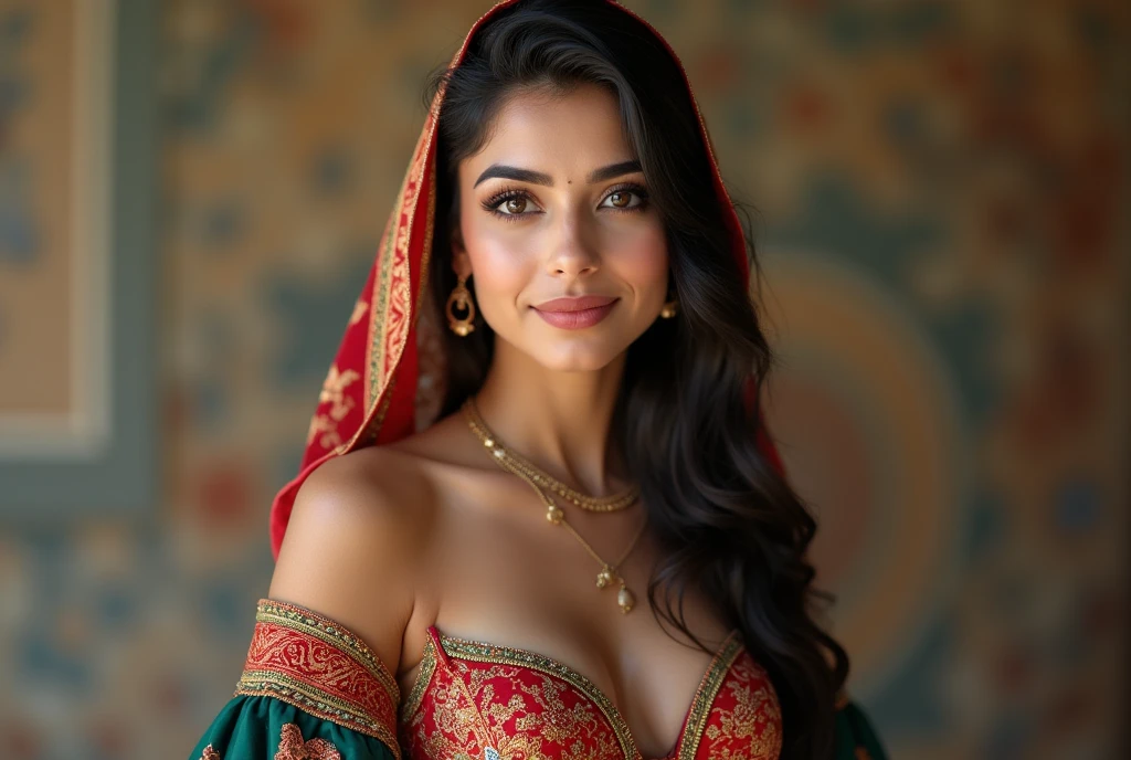 (best quality, 4k, 8k, high resolution, extremely detailed, (realistic, photorealistic, real photo), vibrant colors, gorgeous, young Pakistani women, beautiful eyes detailed, beautiful details, big breasts (1.3), colorful brocade bra, hijab, bare shoulders, small waist, open skirt, full body