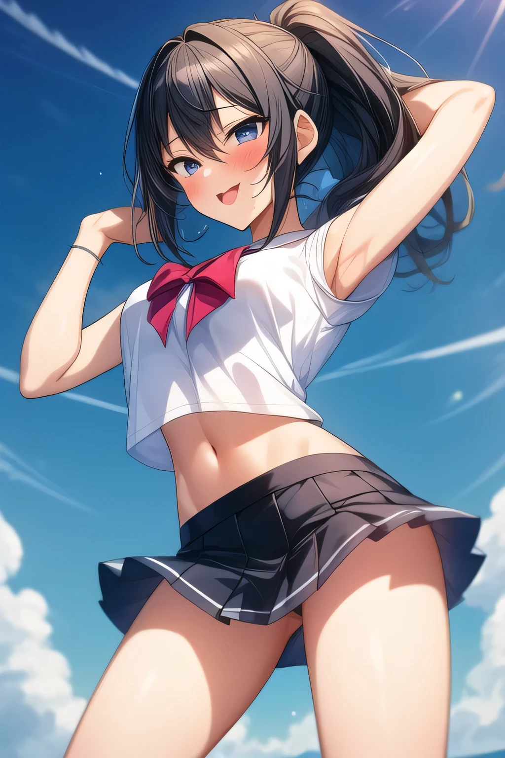 a girl with black hair in a ponytail, Blue mini skirt, pose sexy, top crop white, anime, black eyes, Ahegao