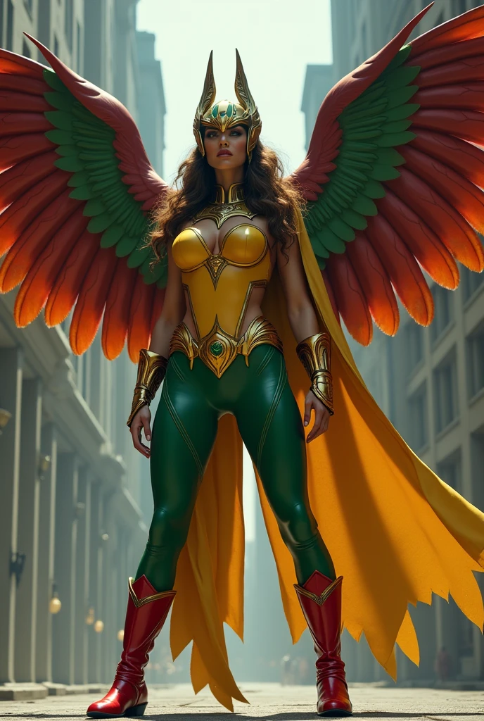 Under the mantle of the Thanagarian warrior Shayera Holl, aka Hawkgirl, Adriana Lima wears a falcon-headed helmet with a beak on her head covering half her face. , With her large bird wings protruding from her back and a yellow vest with green pants and red and gold boots, Justice League DC Universe