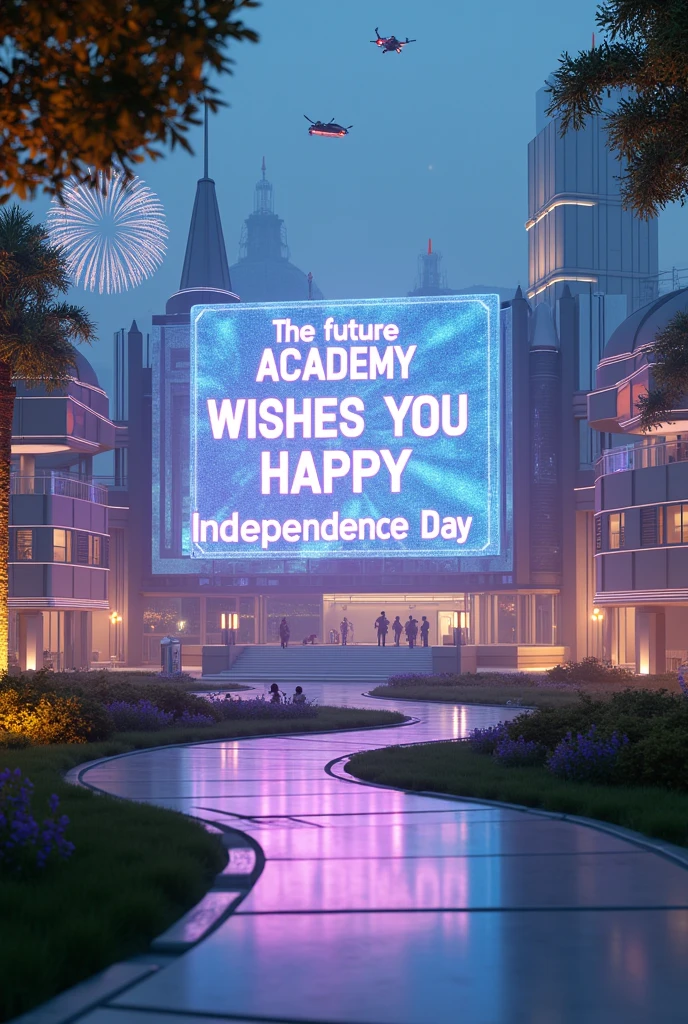 Make a photo of "the future academy wishes you happy independence day" showbmy names vikas kumar also 