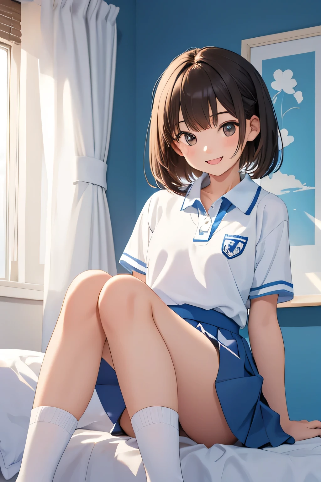high quality, until, 13 year old girl, , sitting on the edge of the bed with her legs crossed in a sexy way, straight hair pulled back, bulging to the sides at mid-back, fringe on one side,Brown eyes, head slightly tilted to one side, two small clips on the left side, beautiful childlike face, friendly, smiling with open mouth, wearing a white school shirt, polo-style collar, color blue, blue skirt, White socks, bedroom wall in the background. front view