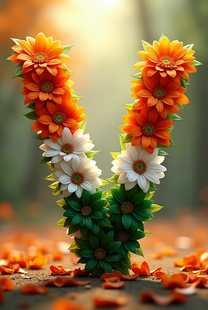 Create a realistic 3d image of alphabet "V" , made by tiranga, made by tiranga flowers,beautiful design, background is full with tiranga colour.