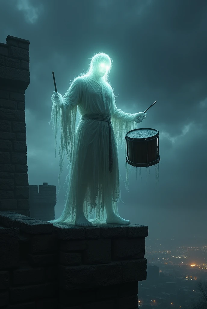 A spectral drummer, barely visible, standing on the battlements of Edinburgh Castle. The figure is translucent, with a ghostly glow surrounding it, dressed in tattered clothes from a bygone era. The drum is old and worn, with eerie, faint sounds emanating from it, as if announcing a dark omen. The night sky is dark, with ominous clouds swirling above, adding to the sense of impending doom