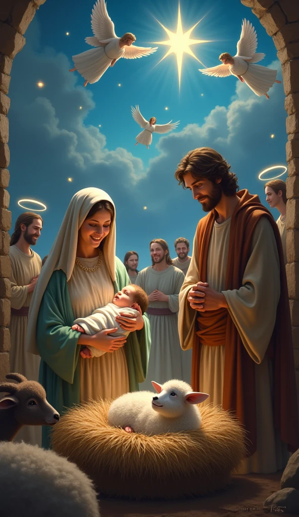 "A serene and sacred scene of Jesus' birth in Bethlehem. Mary is depicted, a young woman dressed in simple clothes, holding the newborn baby Jesus in their arms, with Joseph at her side, both with expressions of reverence and joy. The setting is a humble manger, surrounded by animals like sheep and a donkey. in the sky, a bright star illuminates the scene, symbolizing the star of Bethlehem. Ao fundo, wondering shepherds and glorious angels flying over the scene, with bright halos and open wings, adding a celestial touch to the environment. The atmosphere is one of peace and holiness, with soft lights highlighting the baby, representing Emmanuel, 'God with us'.'"