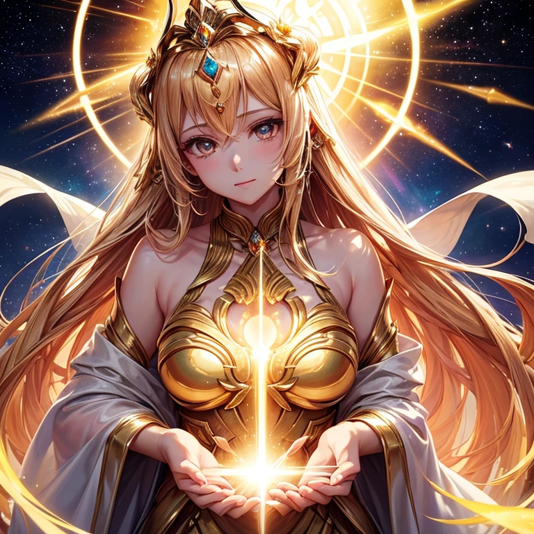 Close-up of a woman wearing a golden dress、The background is shining with a halo.、Abstract images, Beautiful Celestial Magician, Heavenly Goddess, Golden ethereal light, Fantastic fantasy, Beautiful Fantasy Empress,, Goddess of space and time, Shining golden aura, Goddess of Light, A surprisingly young and mysterious person,