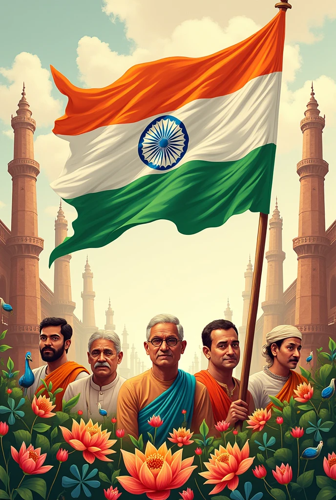 CREATE A POSTER DEPICTING THE CEKEBRATION OF INDIA'S 78TH INDEPENDENCE CELEBRATION HAVING PHOTOS OF VARIOUS IMPORTANT FREEDOM FIGHTERS. WITH INDIAN FLAG RAISING HIGH IN THE SKY