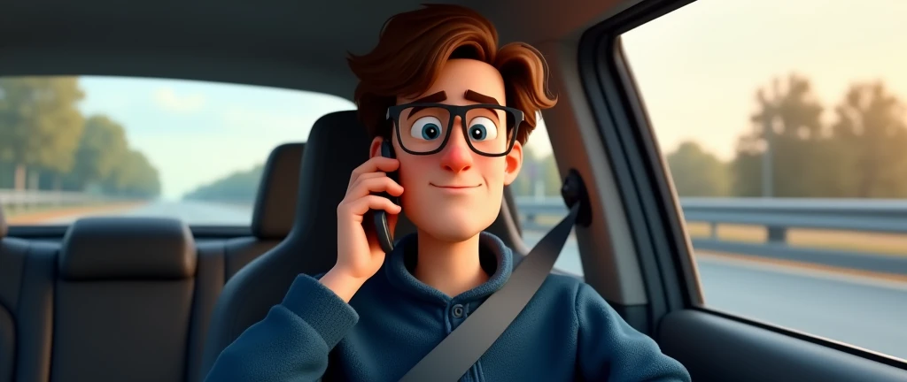 a male animated movie character in the Disney Pixar style, high qualiy, best quality , black fleece sweater blue shirt , Wear nerd glasses, , long hair , Youngh feliz , is talking on the smartphone, funny comedy scene , is inside his car, traveling on the road , Youngh