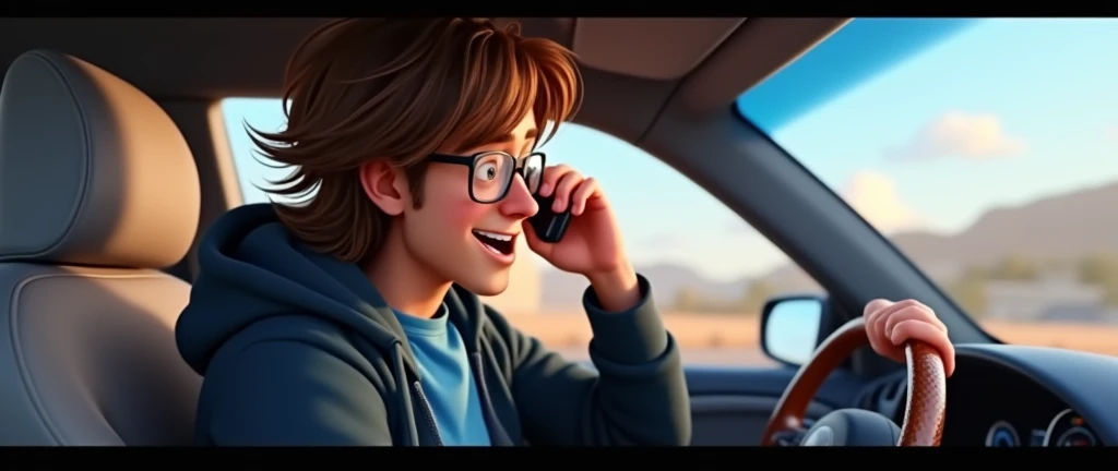 a male animated movie character in the Disney Pixar style, high qualiy, best quality , black fleece sweater blue shirt , Wear nerd glasses, , long hair , Youngh feliz , is talking on the smartphone, funny comedy scene , is inside his car, traveling on the road , Youngh