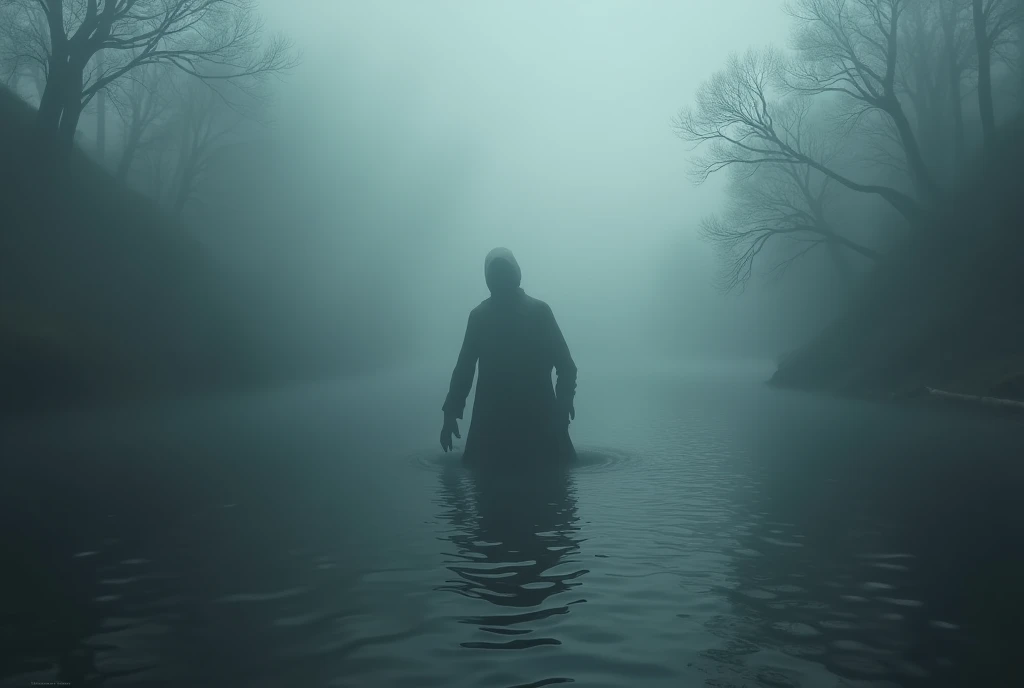 mysterious fog, in the distance a silhouette of a humanoid creature can be seen dipping in the river