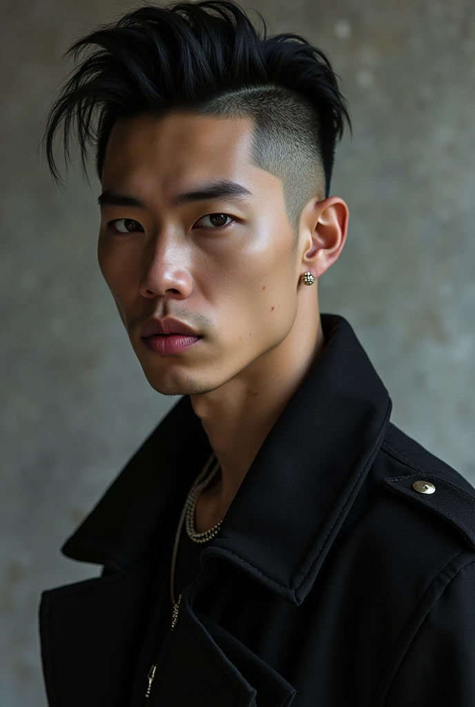 35-year-old Chinese-Japanese-korean gentleman, Idol and singer of a musical group a Rockstar, with short hair shaved on the sides defined abs, Cold look, similar to sid vicious