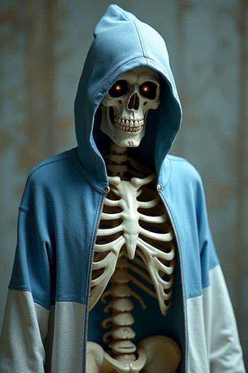 Skeleton！With eyes fixed on、It's not a person to wear clothes！The clothes are a blue and white hoodie.！nice！Lower the height quite a bit！